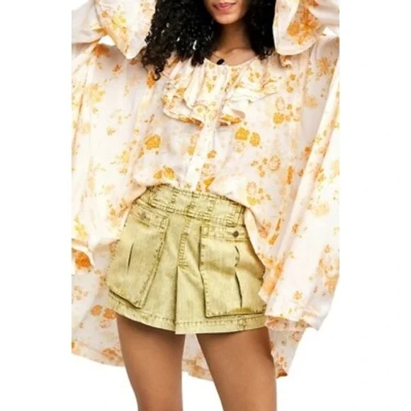 Free People Loretta Tunic Top Oversized Ruffle Tea Combo Floral Boho Chic Medium - Picture 7 of 14